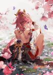  1girl absurdres arm_up blue_butterfly branch breasts bug butterfly caustics cherry_blossoms falling_petals flower from_behind genshin_impact highres knee_up light_smile lily_pad long_hair looking_back lotus petals petals_on_liquid pink_flower pink_hair profile sideboob sitting solo spring_(season) tree water yae_miko yeurei 