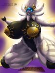  2022 absurd_res anthro areola big_areola big_breasts black_body breasts curvy_figure dipstick_ears english_text female hi_res huge_areola huge_breasts huge_nipples huge_thighs kneeling legendary_pok&eacute;mon multicolored_ears nintendo open_mouth pok&eacute;mon pok&eacute;mon_(species) solgaleo solo text thebigbadwolf01 thick_thighs video_games voluptuous welcome_mat white_body 