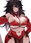  1girl absurdres bandeau bangs bare_shoulders black_hair blush breasts cleavage cosplay cowboy_shot dark-skinned_female dark_skin detached_sleeves english_commentary fate/apocrypha fate/grand_order fate_(series) hair_between_eyes hand_on_hip highres juliet_sleeves k_(kurenaiz1) kurenaiz1 large_breasts long_hair long_sleeves looking_at_viewer messy_hair mordred_(fate) mordred_(fate/apocrypha) mordred_(fate/apocrypha)_(cosplay) multicolored_hair navel original parted_lips puffy_sleeves red_hair slit_pupils solo stomach streaked_hair white_background yellow_eyes 