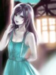  1girl arms_behind_back bare_arms bare_shoulders black_hair blurry blurry_background building dress final_fantasy final_fantasy_vii final_fantasy_vii_remake hands_up highres house lips long_hair looking_at_viewer outdoors red_eyes shoji_sakura sleeveless sleeveless_dress solo tifa_lockhart towel younger 