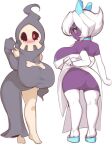  armwear big_breasts blue_eyes blush breasts butt clothed clothing duo duskull female footwear froslass genitals hair hi_res huge_breasts humanoid leggings legwear looking_at_viewer looking_back nintendo not_furry plantpenetrator pok&eacute;mon pok&eacute;mon_(species) purple_body pussy red_eyes robe sandals thick_thighs video_games white_body white_hair 