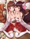  2girls absurdres animal_ear_fluff animal_ears asymmetrical_docking bangs bare_shoulders blunt_bangs blurry blurry_foreground blush bonsai breast_press breasts brown_hair cherry_blossoms cleavage collarbone colored_tips dress finger_heart fox_ears fox_girl fox_shadow_puppet fox_tail hair_between_eyes hair_ornament hands_up highres holding_hands indoors japanese_clothes jewelry lace-trimmed_legwear lace_trim large_breasts leaf_hair_ornament long_hair looking_at_viewer miko miniskirt multicolored_hair multiple_girls necklace nontraditional_miko off-shoulder_dress off_shoulder original pleated_skirt pom_pom_(clothes) pom_pom_hair_ornament pose purple_eyes red_eyes red_panda_ears red_panda_girl red_panda_tail shi_zhuzi_da side-by-side sitting skirt smile swept_bangs tail thick_eyebrows thighhighs white_thighhighs wide_sleeves yokozuwari zettai_ryouiki 