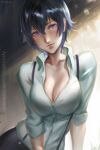  1girl blue_hair breasts cleavage highres medium_breasts persona persona_4 purple_eyes ragecndy shirogane_naoto shirt sleeves_rolled_up solo suspenders white_shirt 