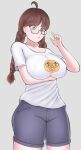  ahoge blush braid breasts brown_hair character_request colorized copyright_request freckles glasses green_eyes highres large_breasts nerd_emoji open_mouth shirt shorts simple_background solo standing sweat sweatdrop t-shirt yago_rilla 