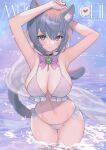  1girl absurdres animal_ears arms_up bikini breasts cat_ears cat_girl cat_tail cleavage cover cover_page frilled_bikini frills grey_hair highres hitowa large_breasts looking_at_viewer navel original purple_eyes ribbon smile solo swimsuit tail thick_thighs thigh_gap thighs 