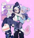  2girls black_hair black_pants blue_bow blue_jacket blush bottle bow cake carrying cropped_jacket diamond_(gemstone) food fruit grey_hair grey_robe hair_bow hair_bun hatoya_(53oekakichan) head_tilt highres hood hooded_jacket jacket jett_(valorant) jewelry kiss kissing_cheek long_hair multiple_girls one_eye_closed pants perfume_bottle pink_background ponytail princess_carry ring robe sage_(valorant) sleeveless sleeveless_jacket strawberry surprised v-shaped_eyebrows valorant very_long_hair yuri 