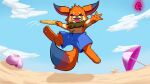  beach blue_bottomwear blue_clothing blue_shorts bottomwear clothing fur gnar_(lol) kakau221 league_of_legends male open_mouth orange_body orange_fur purple_eyes riot_games seaside shorts solo summer tongue video_games yordle 