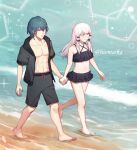  1boy 1girl alternate_costume barefoot beach bikini black_bikini black_jacket black_shorts black_swimsuit blue_eyes blue_hair byleth_(fire_emblem) byleth_(fire_emblem)_(male) collarbone commission fire_emblem fire_emblem:_three_houses groin hiomaika holding_hands jacket long_hair lysithea_von_ordelia navel ocean open_clothes open_jacket shorts swimsuit twitter_username 