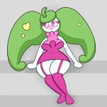  anthro big_breasts blush breasts clothing curvy_figure dress elemental_creature exceldamage eyelashes female flora_fauna garter_straps green_hair hair hi_res hourglass_figure looking_aside nintendo pigtails pink_eyes plant pok&eacute;mon pok&eacute;mon_(species) pseudo_hair solo steenee thick_thighs turtleneck video_games white_body wide_hips 