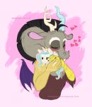  &lt;3 2021 5_fingers anthro antlers blush brown_body chimera digital_media_(artwork) discord_(mlp) draconequus embrace eyebrows eyes_closed fingers friendship_is_magic grey_body hasbro horn hug humanoid_hands long_neck male multicolored_body my_little_pony plushie princess_celestia_(mlp) smile solo stepanda tan_body wings yellow_body 
