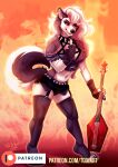  anthro bottomwear breasts canid canid_demon clothing collar demon female gesture guitar hellhound helluva_boss hi_res legwear looking_at_viewer loona_(helluva_boss) mammal middle_finger musical_instrument plucked_string_instrument skirt solo spiked_collar spikes stockings string_instrument toxi_de_vyne_(artist) 