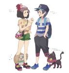  1boy 1girl :d ^_^ aoaomzir backpack bag bangs baseball_cap beanie black_bag black_hair black_headwear blue_footwear blue_shirt blush capri_pants closed_eyes closed_mouth elio_(pokemon) floral_print green_shorts grey_pants hands_in_pockets hands_up hat highres litten medium_hair open_mouth pants pokemon pokemon_(creature) pokemon_(game) pokemon_sm red_headwear rowlet selene_(pokemon) shirt shoes short_shorts short_sleeves shorts smile sneakers striped striped_shirt swept_bangs t-shirt teeth tied_shirt transparent_background upper_teeth white_background 