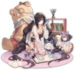 1girl black_hair book braid crop_top flower hair_over_one_eye jewelry long_hair looking_at_viewer mahjong_soul morikawa_ayako necklace official_art one_eye_covered pajamas purple_eyes quill shorts solo stuffed_animal stuffed_toy tachi-e teddy_bear twin_braids vase very_long_hair writing yostar 