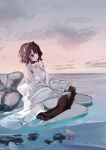  1girl absurdres animal_ears arknights bikini braid breasts brown_eyes brown_hair choker cloud coat coat_partially_removed collarbone highres horizon in_water jacket jacket_over_swimsuit looking_away makeup_brush medium_breasts natsuba002 ocean official_alternate_costume on_ground otter_ears otter_tail pantyhose partially_immersed roberta_(arknights) roberta_(summer_flowers)_(arknights) rock seashell shell sitting sky solo starfish sunset swimsuit tail tetrapod wariza waves white_bikini white_choker white_coat white_pantyhose 