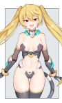  1girl absurdres ass_visible_through_thighs blonde_hair blush breasts du007_nute fang highres korean_commentary looking_at_viewer medium_breasts navel open_mouth red_eyes serin199 smile soccer_spirits twintails 