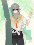  1boy absurdres ahoge black_pants cup drink earrings facing_viewer grey_hair hands_up highres holding holding_cup honkai_(series) honkai_impact_3rd jewelry lei long_hair male_focus n0kio palm_tree pants parted_lips red-framed_eyewear shirt short_sleeves solo stud_earrings su_(honkai_impact) sunglasses tree very_long_hair white_shirt wide_sleeves 