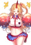  1girl absurdres bangs blonde_hair breasts cheering cheerleader highres holding holding_pom_poms horns hoshiguma_yuugi large_breasts long_hair midriff navel one_eye_closed parted_bangs pom_pom_(cheerleading) red_eyes red_horns sidelocks single_horn solo sunnysideup touhou 