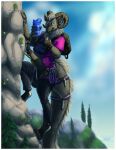  anthro bottomwear canid canine cliff climbing_harness clothing dragon farorenightclaw fox hi_res horn hybrid male mammal mountain_climbing multi_arm multi_limb outside pants plant rope shirt thick_tail topwear tree water_bottle 