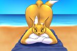  anthro ass_up bandai_namco beach canid canine clothing digimon digimon_(species) female fox fur hi_res lifeguard looking_at_viewer mammal mike_santos renamon seaside solo swimwear yellow_body yellow_eyes yellow_fur 