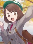  1girl :d backpack bag blurry blurry_background bob_cut brown_bag brown_eyes brown_hair buttons cable_knit cardigan clenched_hand collared_dress commentary_request dress gloria_(pokemon) green_headwear grey_cardigan hand_up happy hat highres jeri20 open_mouth outstretched_arm pink_dress pokemon pokemon_(game) pokemon_swsh short_hair smile solo tam_o&#039;_shanter tongue upper_body 