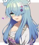  1girl absurdres bangs blue_hair blue_wings breasts cleavage collarbone dragon_girl elira_pendora green_eyes grey_overalls hair_ornament hair_over_one_eye head_wings heart highres large_breasts long_hair looking_at_viewer multicolored_hair nijisanji nijisanji_en one_eye_covered open_mouth overall_shorts overalls oversized_clothes simple_background smile solo spoken_heart sweater upper_body vinsycal virtual_youtuber white_hair white_sweater wings x_hair_ornament 
