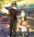  1girl 2boys ahoge architecture black_gloves blurry blurry_background brown_hair child clothes_grab coat commentary_request day earrings east_asian_architecture from_behind full_body gem genshin_impact gloves grey_hair hair_bun hair_tie jewelry long_sleeves low_ponytail male_child multiple_boys old old_woman orange_hair pointing red_scarf rokuon scarf shirt short_hair_with_long_locks single_earring standing table tartaglia_(genshin_impact) tassel tassel_earrings vision_(genshin_impact) white_shirt younger zhongli_(genshin_impact) 