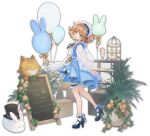  1girl balloon blonde_hair blue_eyes dress flower food full_body high_heels highres hina_momo long_sleeves looking_at_viewer mahjong_soul maid_headdress menu_board official_art plant rabbit short_hair solo sweets tachi-e wavy_hair yostar 