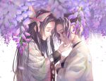  2girls bangs black_hair blush butterfly_hair_ornament closed_eyes colored_tips commentary_request crying crying_with_eyes_open demon_slayer_uniform falling_petals flower from_side gradient_hair hair_intakes hair_ornament hand_on_another&#039;s_chin haori japanese_clothes kilitsuki kimetsu_no_yaiba kochou_kanae kochou_shinobu long_hair long_sleeves multicolored_hair multiple_girls open_mouth petals purple_hair short_hair siblings sidelocks sisters smile tears teeth very_long_hair white_background wide_sleeves wisteria 