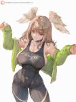  1girl bangs bare_shoulders black_bodysuit blue_eyes bodysuit breast_tattoo breasts choker cleavage collarbone covered_navel covered_nipples cutesexyrobutts eunie_(xenoblade) green_jacket head_wings highres jacket large_breasts light_brown_hair long_hair long_sleeves looking_at_viewer off_shoulder open_clothes open_jacket smile solo tattoo thighs white_wings wings xenoblade_chronicles_(series) xenoblade_chronicles_3 