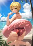  1girl absurdres ass bare_shoulders beach bikini blonde_hair breasts dutch_angle finger_to_mouth from_behind green_eyes halter_top halterneck highres idolmaster idolmaster_cinderella_girls innertube kamoromance614 kneeling looking_at_viewer looking_back miyamoto_frederica ocean palm_tree polka_dot short_hair single_sidelock sky smile solo sunlight swimsuit tree 