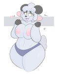  anthro big_breasts blush bovid breasts caprine clothing female fur hi_res kilinah mammal open_mouth open_smile panties sheep simple_background smile solo teeth thick_thighs tongue underwear white_body white_fur yellow_eyes 