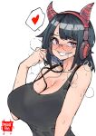  1girl bare_shoulders black_bra black_hair black_shirt bra bra_visible_through_clothes breasts bright_pupils cleavage collarbone glasses grin hand_up headphones heart highres horns huge_breasts looking_at_viewer medium_hair norman_maggot original purple_eyes raised_eyebrow sanpaku shirt simple_background smile solo speech_bubble spoken_heart tank_top underwear upper_body white_background 