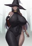  1girl asakura_kukuri bangs bare_arms bare_shoulders black_dress black_gloves black_hair blunt_bangs book bracelet breasts character_request commentary_request copyright_request covered_navel covered_nipples cowboy_shot curvy dark-skinned_female dark_skin dress elbow_gloves facing_viewer gloves hair_over_eyes halter_dress halterneck hat highres holding holding_book huge_breasts impossible_clothes impossible_dress jewelry long_hair narrow_waist nipples panties panty_peek see-through shaded_face side_slit single_elbow_glove skin_tight sleeveless sleeveless_dress solo thong underwear very_long_hair wide_hips witch witch_hat 