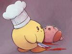  0_0 bags_under_eyes bleeding blood blood_from_mouth blood_on_weapon blush_stickers boke-chan chef_hat closed_mouth commentary_request crying from_behind full_body happy hat holding holding_knife holding_weapon injury kirby kirby&#039;s_dream_land kirby_(series) kitchen_knife knife looking_at_viewer looking_back lying murder no_humans on_back open_mouth partial_commentary puddle purple_background purple_eyes simple_background smile standing sweat tears trembling weapon white_eyes white_headwear 