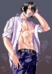  1boy abs belt belt_buckle black_hair blue_pants buckle cowboy_shot final_fantasy final_fantasy_vii floral_background grey_background hair_between_eyes hand_in_own_hair highres looking_at_viewer male_focus muscular muscular_male navel open_clothes open_shirt pants parted_lips pectorals red_eyes shirt short_hair sleeves_rolled_up solo thumb_in_pocket vincent_valentine white_shirt yonesuke younger 