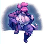  2022 5_fingers anthro big_breasts bigdad boots bottomwear breasts cleavage clothed clothing deltarune dinosaur female fingers footwear hair hair_over_eye huge_breasts one_eye_obstructed pants presenting presenting_breasts purple_body reptile scalie sitting smile solo susie_(deltarune) undertale_(series) video_games 