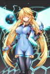  1girl ass_visible_through_thighs ball black_thighhighs blonde_hair blue_bodysuit bodysuit closed_eyes closed_mouth covered_navel electricity floating floating_object hexagon highres long_hair serin199 smile soccer_ball soccer_spirits solo thigh_gap thighhighs very_long_hair wings 