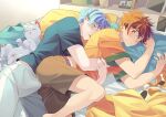  2boys bed blue_hair blue_shirt brown_pants brown_shorts bulge cat cellphone clock closed_eyes closed_mouth digital_clock erection erection_under_clothes hasegawa_langa highres kyan_reki male_focus male_underwear multiple_boys open_mouth orange_eyes orange_hair orange_shirt pants penis phone pillow shirt short_hair short_sleeves shorts sk8_the_infinity sleeping smartphone t-shirt testicles underwear uppi yaoi 