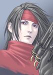  1boy bangs black_gloves black_hair cloak closed_mouth final_fantasy final_fantasy_vii gloves grey_background gun handgun headband high_collar holding holding_gun holding_weapon long_hair looking_to_the_side male_focus pale_skin parted_bangs portrait red_cloak red_eyes red_headband sd_supa solo vincent_valentine weapon 