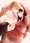  1boy 1girl black_hair blonde_hair breasts carrying collarbone couple earrings floral_background flower green_eyes hairband highres jewelry long_hair looking_at_another pantyhose princess_carry red_flower red_rose red_sweater rose shirt spy_x_family sweater t-shirt twilight_(spy_x_family) violet_viora yor_briar 
