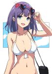  1girl :d bag bikini blue_eyes bracelet breasts cleavage collarbone flower hair_flower hair_ornament highres jewelry large_breasts looking_at_viewer misora_(princess_connect!) navel open_mouth princess_connect! puriketsu03 purple_hair short_hair smile solo sunglasses swimsuit upper_body white_bikini 