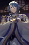  1boy armor ayabu_sou bangs black_gloves blue_hair blurry blurry_background closed_mouth commentary_request crossed_arms from_below genshin_impact gloves hair_between_eyes highres japanese_armor japanese_clothes kamisato_ayato long_sleeves looking_at_viewer male_focus mole mole_under_mouth purple_eyes solo wide_sleeves 