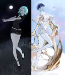  1other bangs black_dress black_eyes black_footwear blue_hair commentary cracked_skin crystal_hair dress full_body full_moon gem_uniform_(houseki_no_kuni) golden_arms grass green_eyes green_hair heterochromia highres houseki_no_kuni kushami_deso moon moon_uniform_(houseki_no_kuni) multiple_views parted_lips phosphophyllite phosphophyllite_(ll) sparkle spoilers white_dress white_eyes white_footwear 