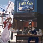  1girl 2boys 5tatsu absurdres aerith_gainsborough armor artist_name baggy_pants bangle bangs belt blonde_hair blue_eyes blue_pants boots bowl bracelet braid braided_ponytail breasts brown_hair building burger cafe choker cleavage clenched_teeth cloud_strife cropped_jacket cup dress eating feet_out_of_frame final_fantasy final_fantasy_vii final_fantasy_vii_remake flower_choker food french_fries full_mouth glass_bottle green_eyes grey_shirt hair_ribbon highres holding holding_food holding_plate hot_dog jacket jewelry long_dress long_hair looking_at_another looking_back lower_teeth medium_breasts multiple_boys open_mouth pants parted_bangs pink_dress pink_ribbon plate plate_stack red_jacket ribbon shirt short_hair short_sleeves shoulder_armor sidelocks sitting sleeveless sleeveless_turtleneck slums spiked_hair stool suspenders sweatdrop table tank_top teeth turtleneck upper_teeth very_short_hair waitress wavy_hair 