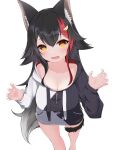  1girl absurdres animal_ear_fluff animal_ears black_hair breasts claw_pose cleavage collarbone dai_okami_kohei english_text fang feet_out_of_frame from_above hair_between_eyes hair_flaps hair_ornament hands_up highres hololive hood hoodie large_breasts long_hair long_sleeves looking_at_viewer multicolored_hair naked_hoodie ookami_mio open_mouth orange_eyes red_hair scoop_neck simple_background skin_fang solo streaked_hair tail thigh_strap two-tone_hoodie virtual_youtuber white_background wolf_ears wolf_girl wolf_tail 