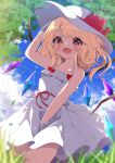 1girl :d absurdres alternate_costume arm_up armpit_peek bare_shoulders blurry blurry_background blurry_foreground blush cloud cowboy_shot crystal day depth_of_field dress fang flandre_scarlet from_below g4ku happy hat heart heart-shaped_pupils highres lens_flare looking_at_viewer open_mouth outdoors plant red_ribbon ribbon skin_fang sky smile solo sundress symbol-shaped_pupils thighs touhou tree white_dress wings 