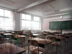  amanun ceiling_light chair chalkboard classroom clock commentary_request curtains desk highres no_humans original scenery school school_chair school_desk window wooden_floor 