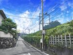  amanun blue_sky cloud commentary_request day fence grass highres no_humans original outdoors power_lines road scenery shadow sky street traffic_mirror tree utility_pole wooden_fence 