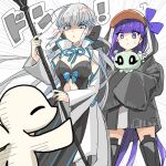  2girls ? anger_vein animal_hood blue_nails emphasis_lines fate/grand_order fate_(series) grey_hair hood kon_(fate) long_hair meltryllis_(fate) meltryllis_(swimsuit_lancer)_(fate) morgan_le_fay_(fate) multiple_girls penguin_hood ponytail protecting purple_hair shaded_face sleeves_past_fingers sleeves_past_wrists staff tekuteku_aruko 
