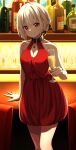  1girl alcohol bangs bar bare_shoulders belt_buckle black_coat blonde_hair bottle breasts buckle cleavage cleavage_cutout closed_mouth clothing_cutout coat cup dress drink highres holding holding_cup jewelry large_breasts liquor lycoris_recoil nishikigi_chisato pendant red_dress red_eyes short_dress short_hair smile solo syurimp 